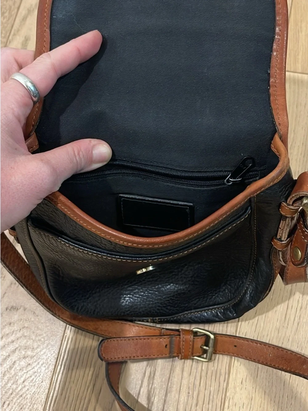 Leather Two-Tone Crossbody Bag in Black & Brown